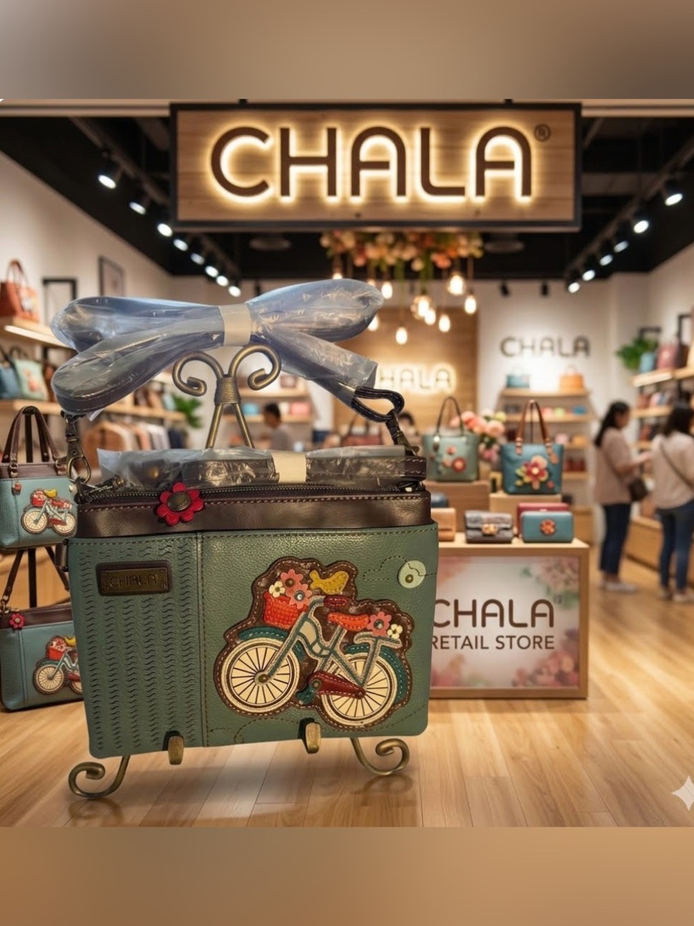 Chala Teal Crossbody Bag with Bicycle & Floral Appliqués